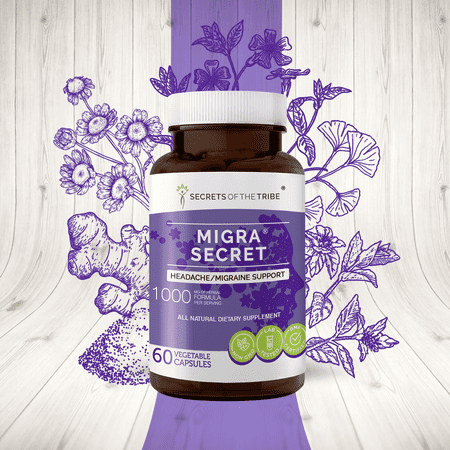 Migra Secret 60 Capsules, 500 mg, Feverfew, Ginger, White willow bark, Periwinkle, Ginkgo, Peppermint. Headache / Migraine Support