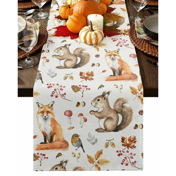 Table Runner Dresser Scarves 60 Inch Long,Fall Thanksgiving Fox Squirrel Animal Linen Dining Table Runners Seamless Maple Leaves on White Tabletop Scarf for Wedding Holiday Party Kitchen