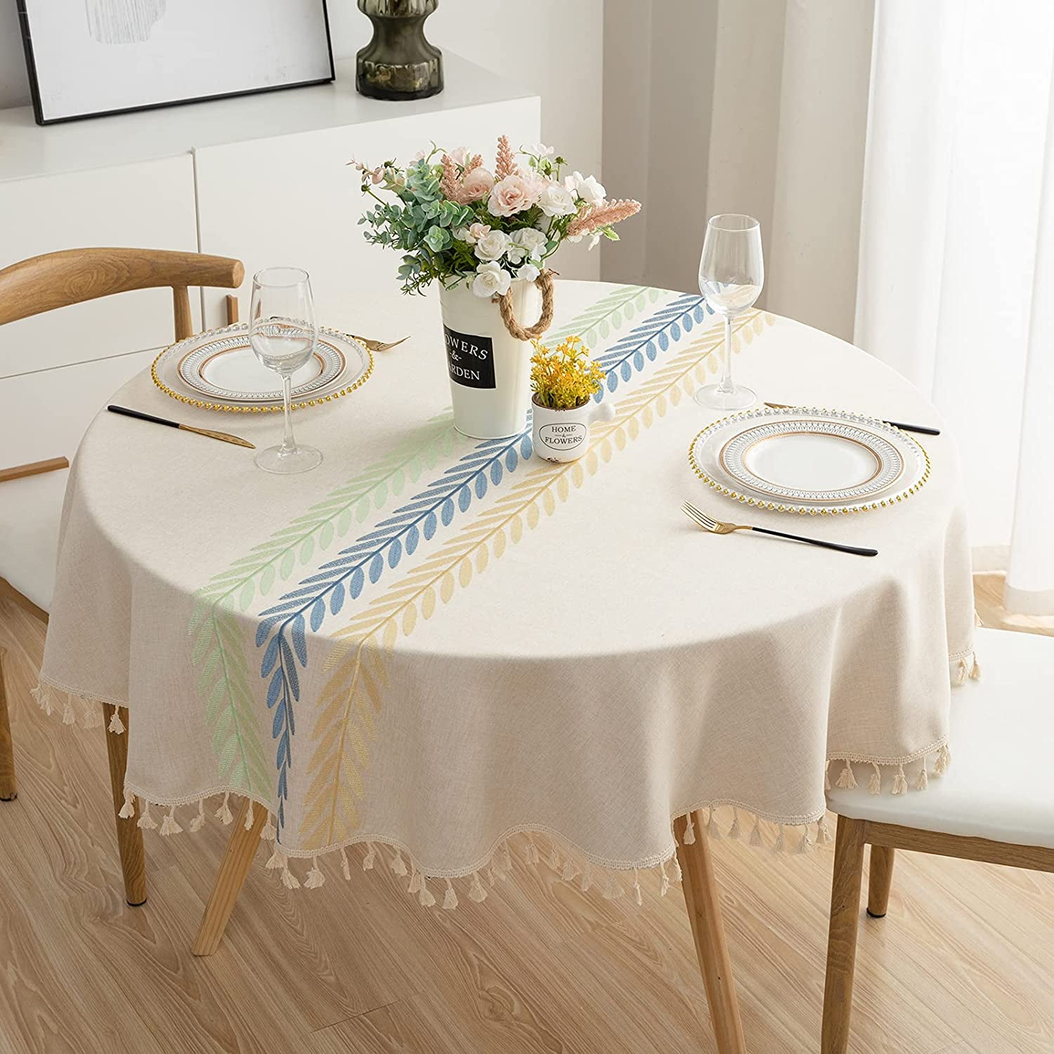 Round Tablecloth Embroidery Rustic Fabric with Tassel Waterproof
