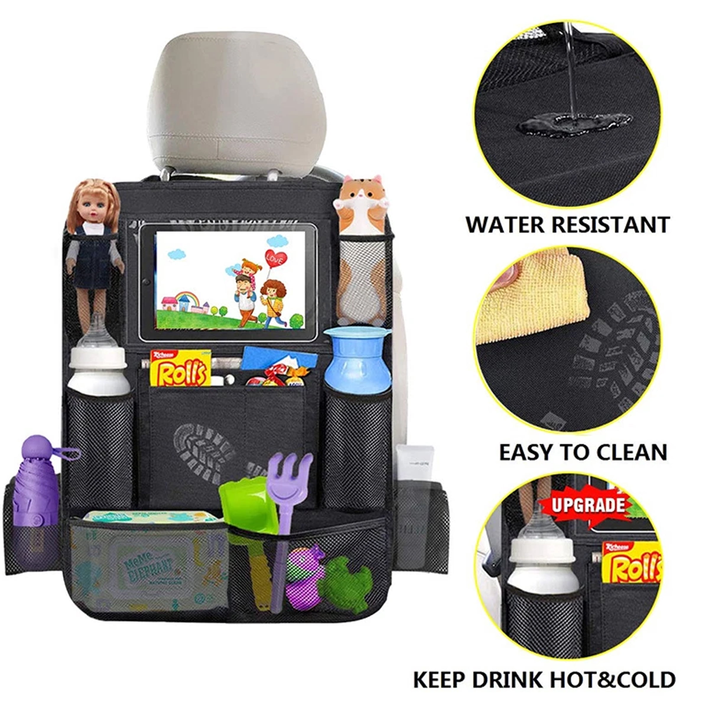 Auto Drive Car Back Seat Organizer with Tablet Holder, Multi-Pocket Storage and Drink Holders, Black