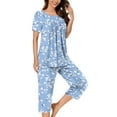 thumbnail image 2 of Nmnitkp Pajamas for Women Set Soft and Friendly Skin Women Pajamas Sets Boho Floral Pleated Loungewear Short Sleeve Button Crewneck Tops and Capri Pants 2 Piece Outfits with Pockets, 2 of 7