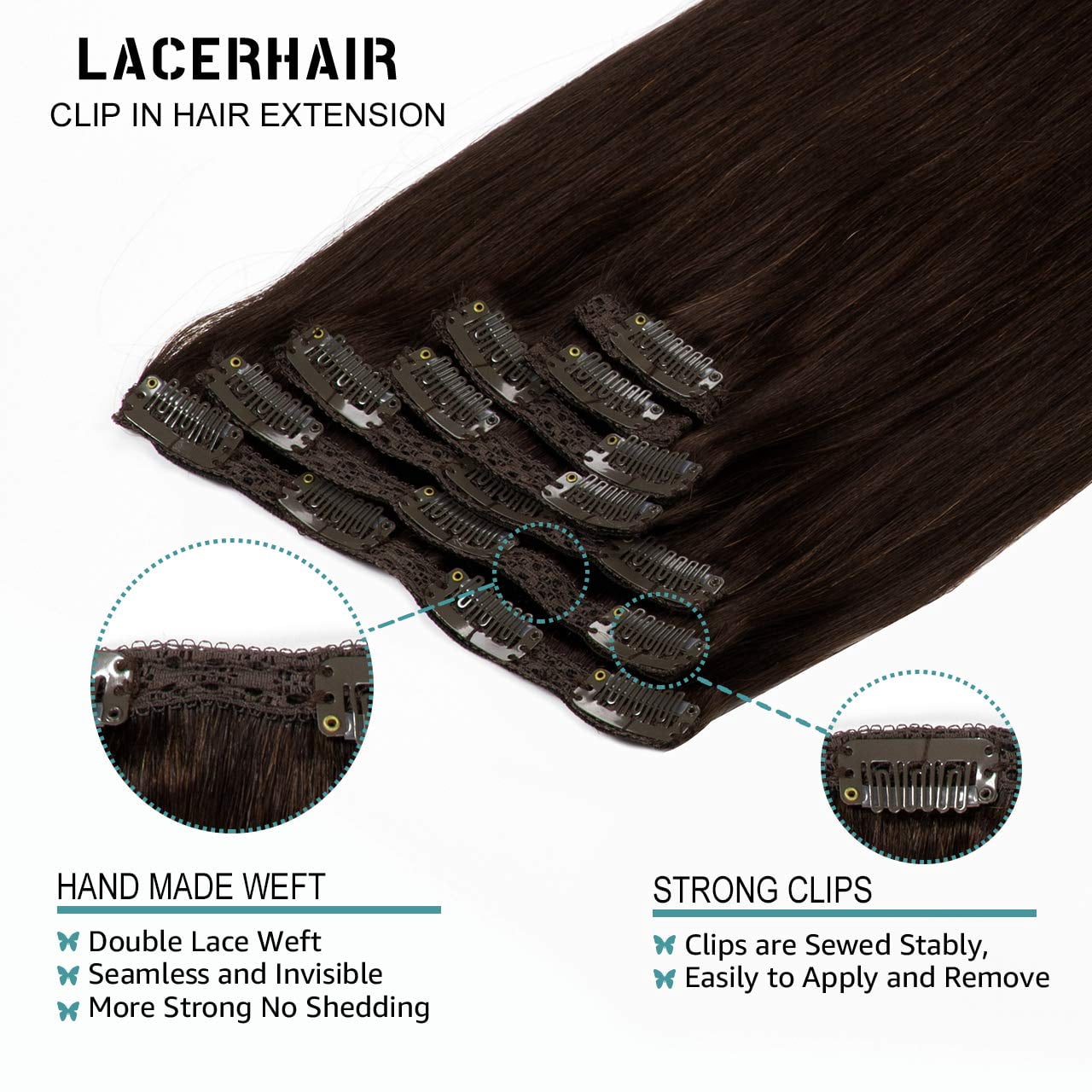 Lacer Hair Extensions Clip in Human Hair, 18 Inch 140g 7pcs Clip in Hair Extensions Real Human Hair, Warm Dark Brown Human Hair Extensions Clip Ins Double Weft
