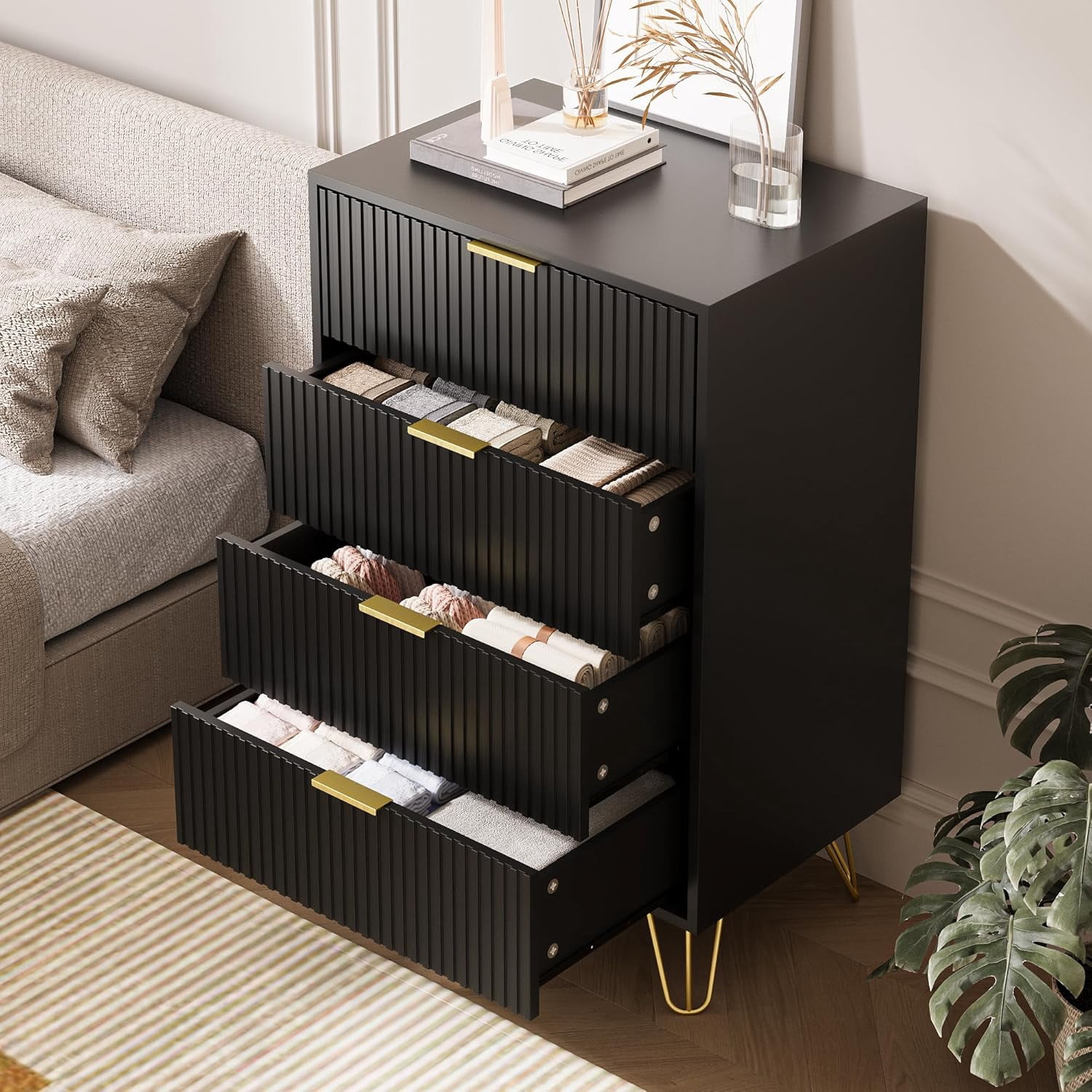 FURNIWAY Black 4 Drawer Dresser with Gold Handles, Fluted Wood Chest Nightstand for Bedroom, Living Room, Entryway