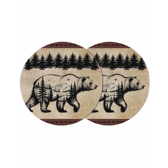 Brown Black Bear Round 15 Inch Placemats Set of 2, Farmhouse Cabin Forest Vintage HeatResistant Non Slip Place Mats for Dining Table, Wipeable Braided Kitchen Table Mats for Housewarming