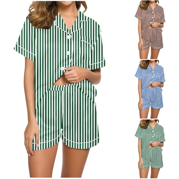 Wlynlyn Womens Pajamas Sets Short Sleeve Button down Shirts Lapel V Neck Sleepwear Shorts Striped Pjs Sets Nightwear