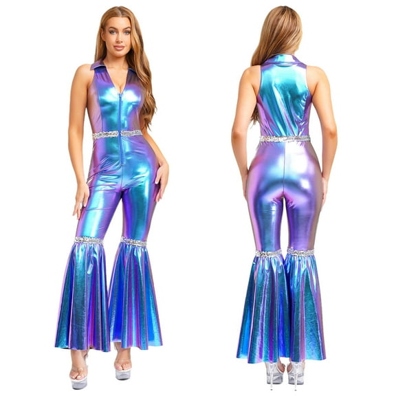 SiiRoh Women's 70s Disco Jumpsuit Metallic Shiny Lapel V Neck Flared Pants Romper for Party Dance Blue M