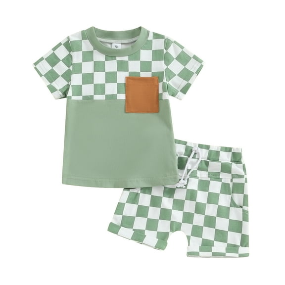 Suealasg Kids Boys Summer Outfits Clothes 6M 1T 2T 3T 4T Children Short Sleeve Checkerboard Print T-Shirt Tops Elastic Shorts 2Pcs Causal Beach Clothing for Toddler Boy