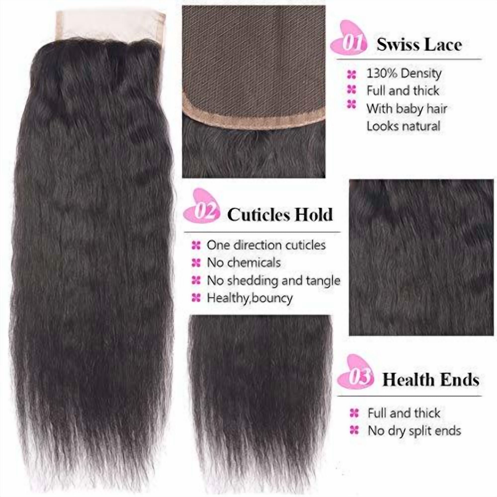 Kinky Straight Human Hair 3 Bundles With Closure Free Part Natural Black(22 24 26with 20)