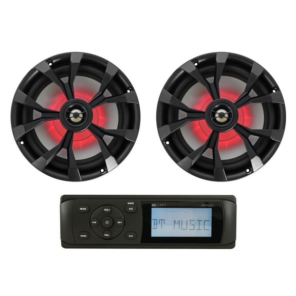 MB Quart MDR2.0 1-Din Marine/Boat Bluetooth Receiver (2) 8" Black LED Speakers