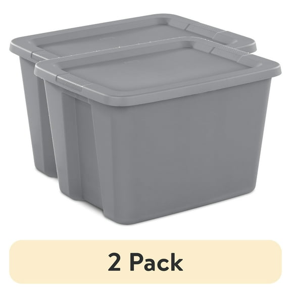 (2 pack) Sterilite Large Storage Bin, 18 Gallon Plastic Storage Container with Snap-On Lid, Gray