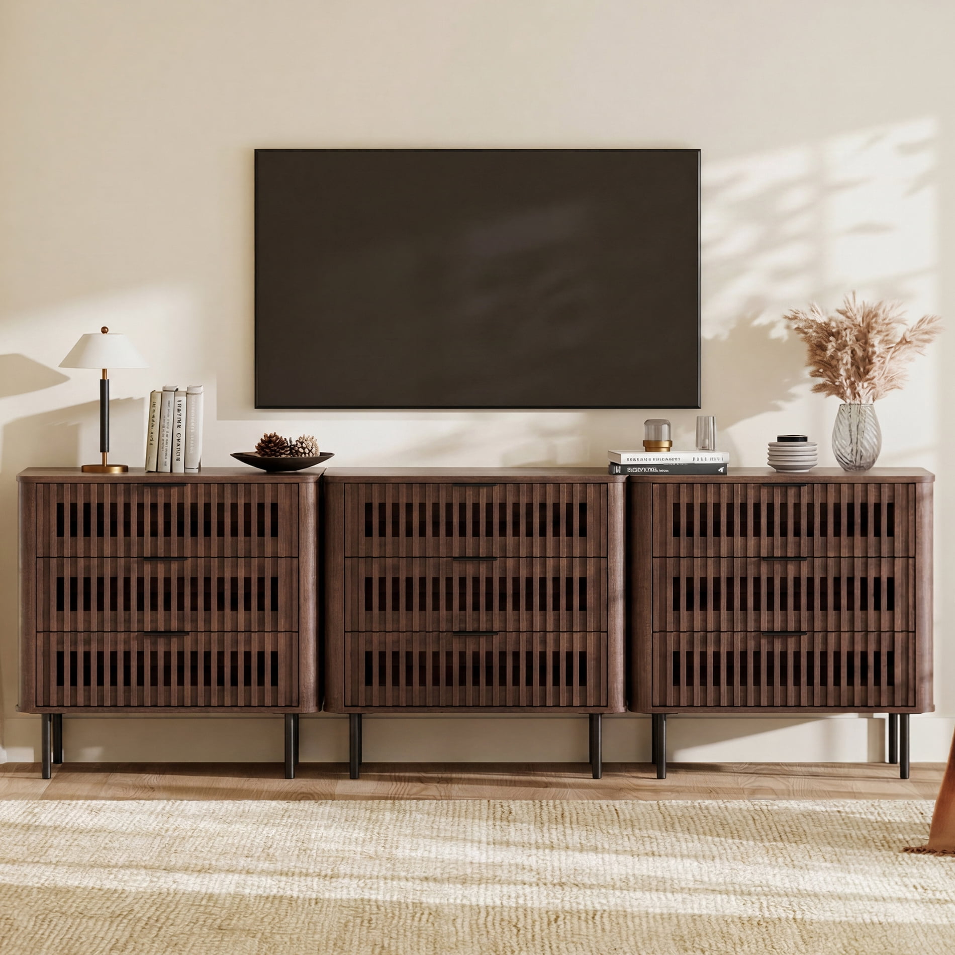 94.5"W Sideboard Buffet Cabinet with Storage, Fluted Kitchen Buffet Storage Cabinet with 9 Drawer, Large Coffee Bar Cabinet, Modern Buffet Table for Dining Living Room, Walnut