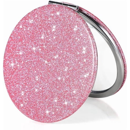 Pink Glitter Folding Double Sided Makeup Mirror with 1x and 2x Magnification Portable Travel Compact Mirror