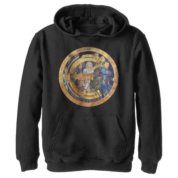 Boy's Marvel Eternals Group Gold Badge  Pull Over Hoodie Black Medium