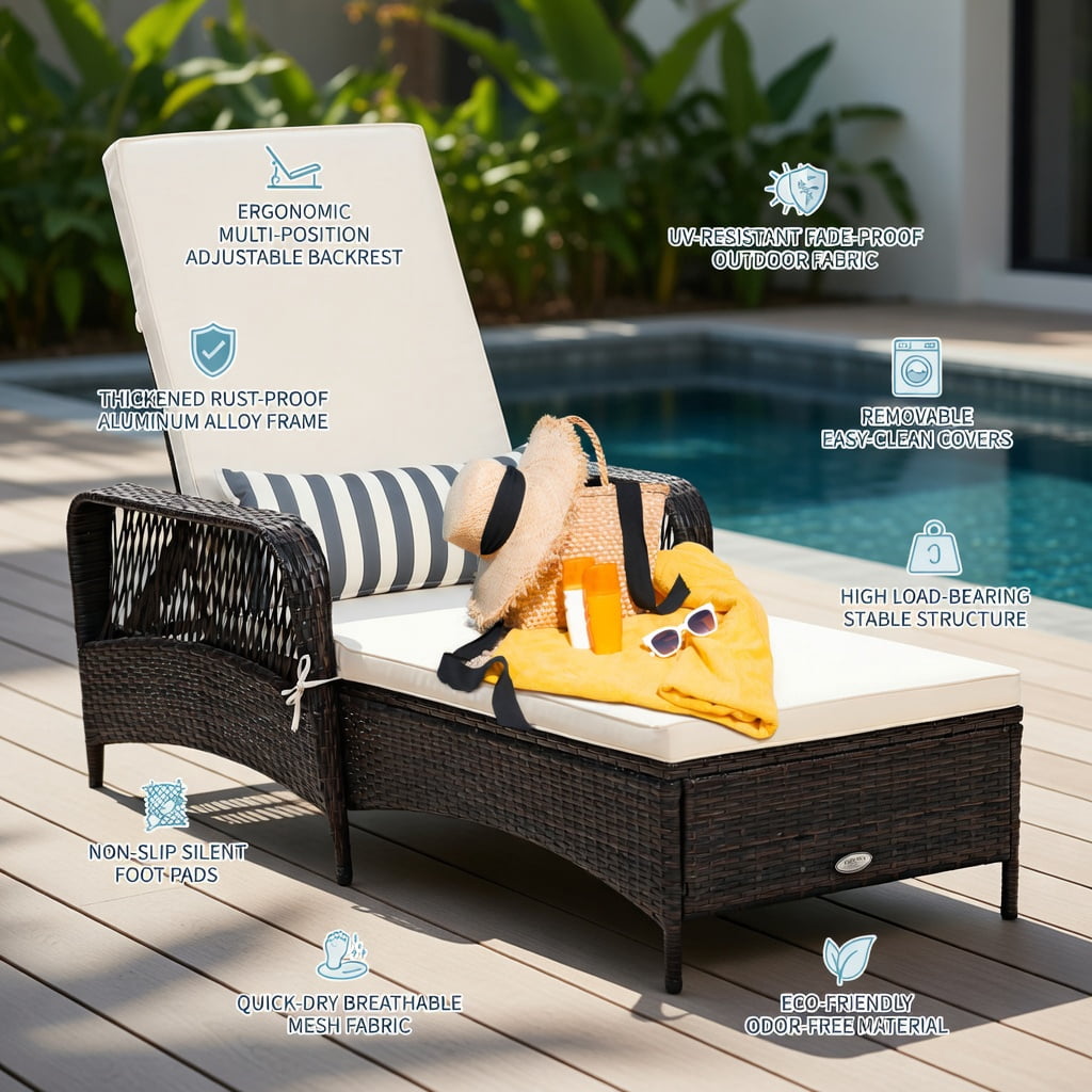 Hommoo Adjustable PE Rattan Chaise Lounge Chair with Cushion & Lumbar Pillow, Outdoor Patio Recliner for Poolside, Balcony, Lawn, Off White