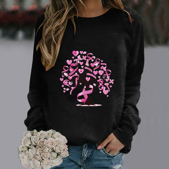 CLOISE Pink Breast Cancer Sweatshirt Women Breast Cancer Support Sweatshirts Ribbon Oversized Crewneck Long Sleeve Hoodie Cancer Awareness Shirts Loose Pullover Blouses Fall Outfits Black XL