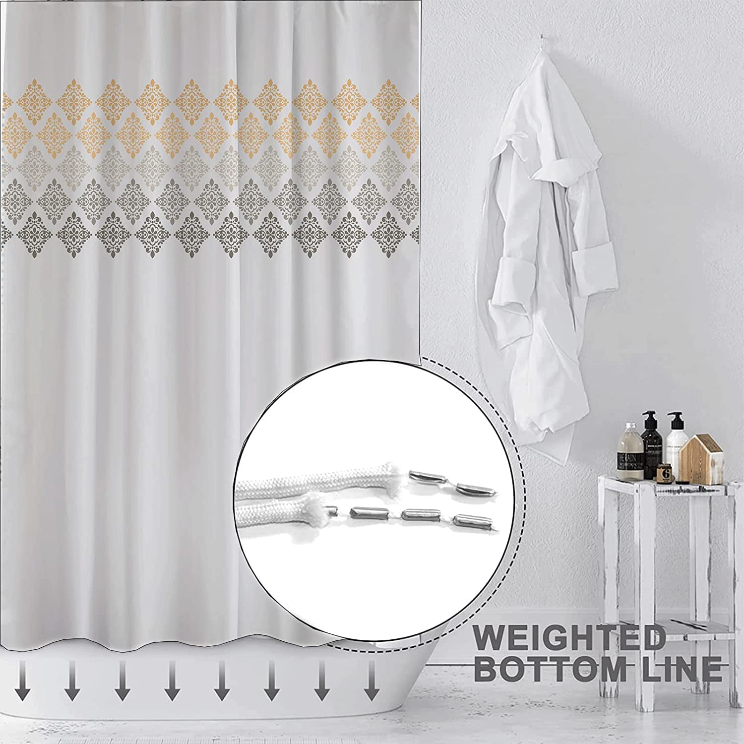 Grey Yellow Boho Shower Curtain,Beige Bohemian Chic Shower Curtains Set for Bathroom with 12 Hooks,Modern Farmhouse Bath Curtain 72x72in,Waterproof Fabric,Machine Washable