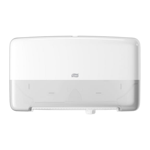 Tork Twin Mini Jumbo Toilet Paper Roll Dispenser White T2, Protects Rolls, Elevation Range, 5555200