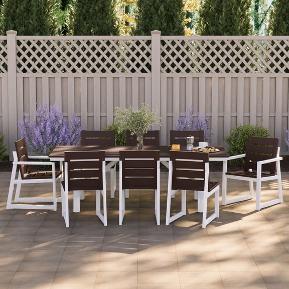 WestinTrends Cape May 9-Piece HDPE Outdoor Furniture Patio Dining Table With Umbrella Hole and Chairs Set For 8, Dark Brown