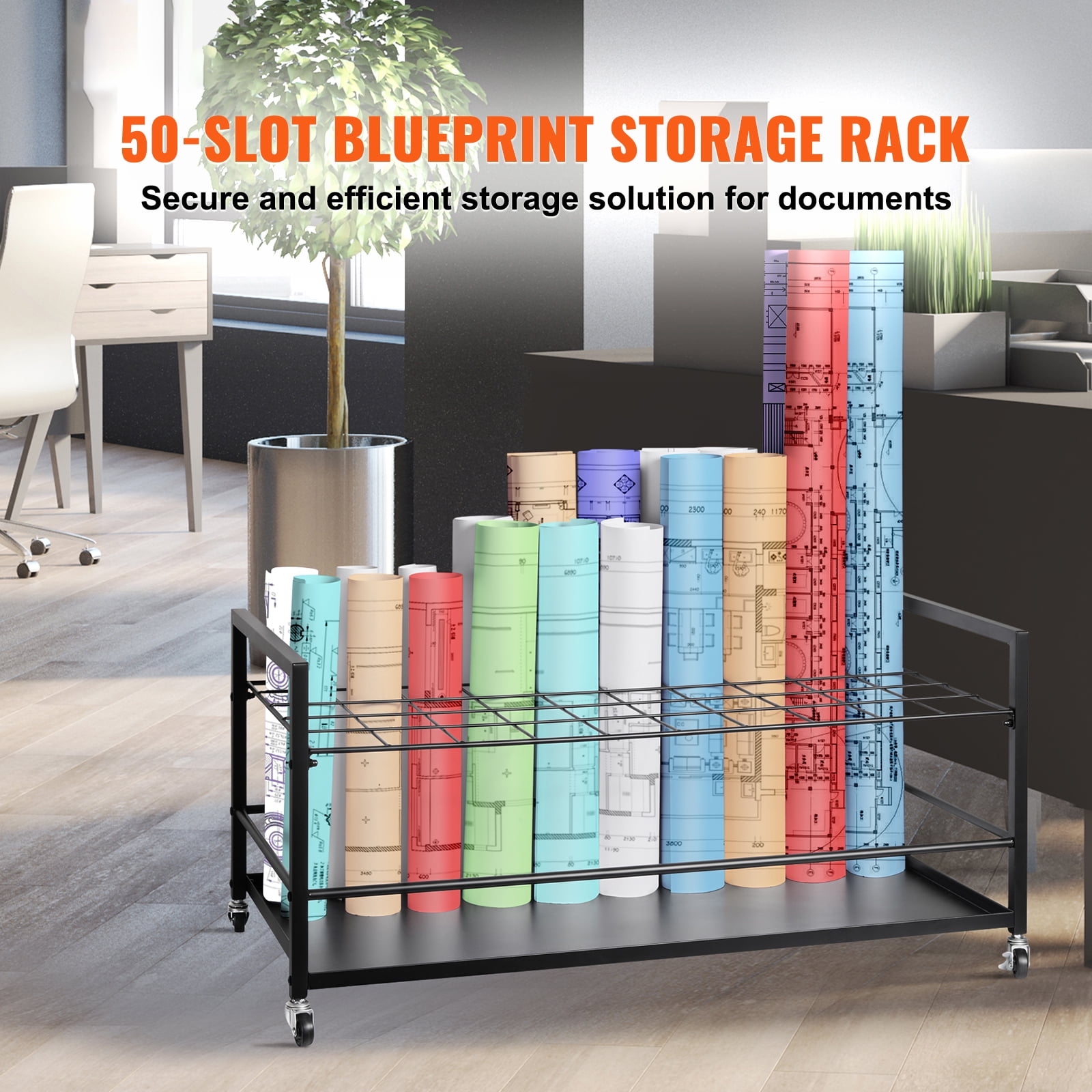 SKYSHALO Mobile Blueprint Organizer, 50-Compartment Metal Cart with Casters, Versatile Roll File Storage for Maps, Posters, Plans, Suitable for Architects, Schools, and Offices