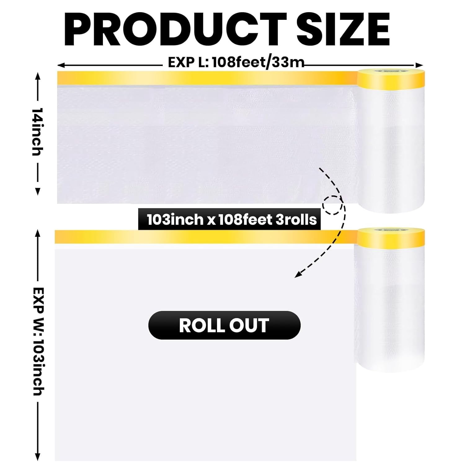 Pre Taped Masking Film with Adhesive Edge, 103 inch x 36 Yards x 3 Rolls No Residue Masking Tape for Painting, Automotive, and DIY Projects Tape and Drape for Floor Furniture Protection