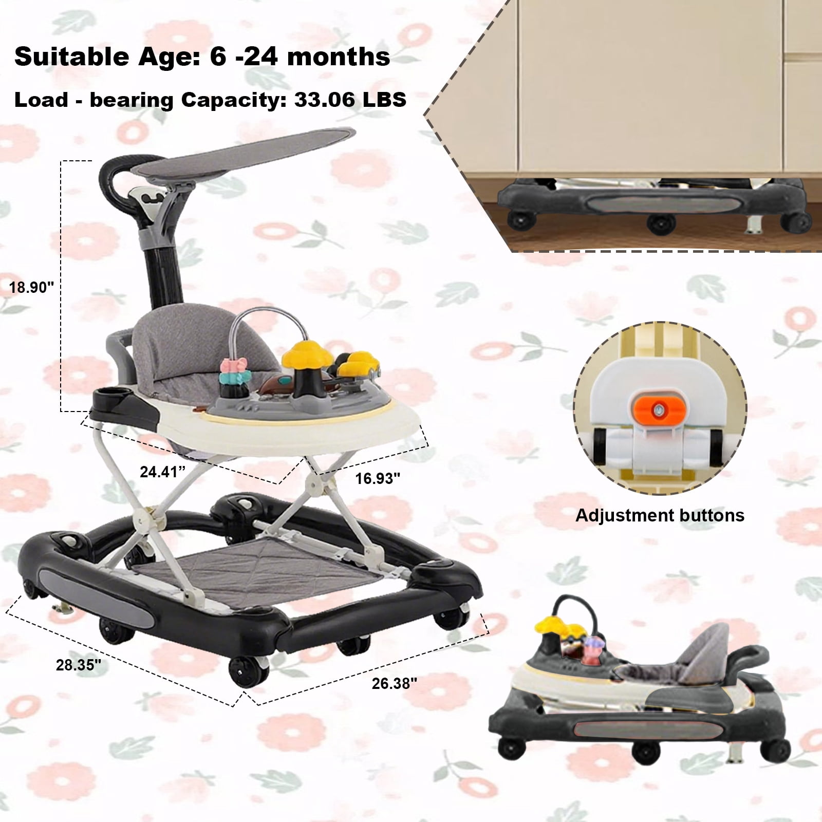 MINGYI 5-in-1 Baby Activity Walker, Foldable, Height Adjustable, Quiet Wheels, Easy Clean, Black, Suitable for Boys and Girls