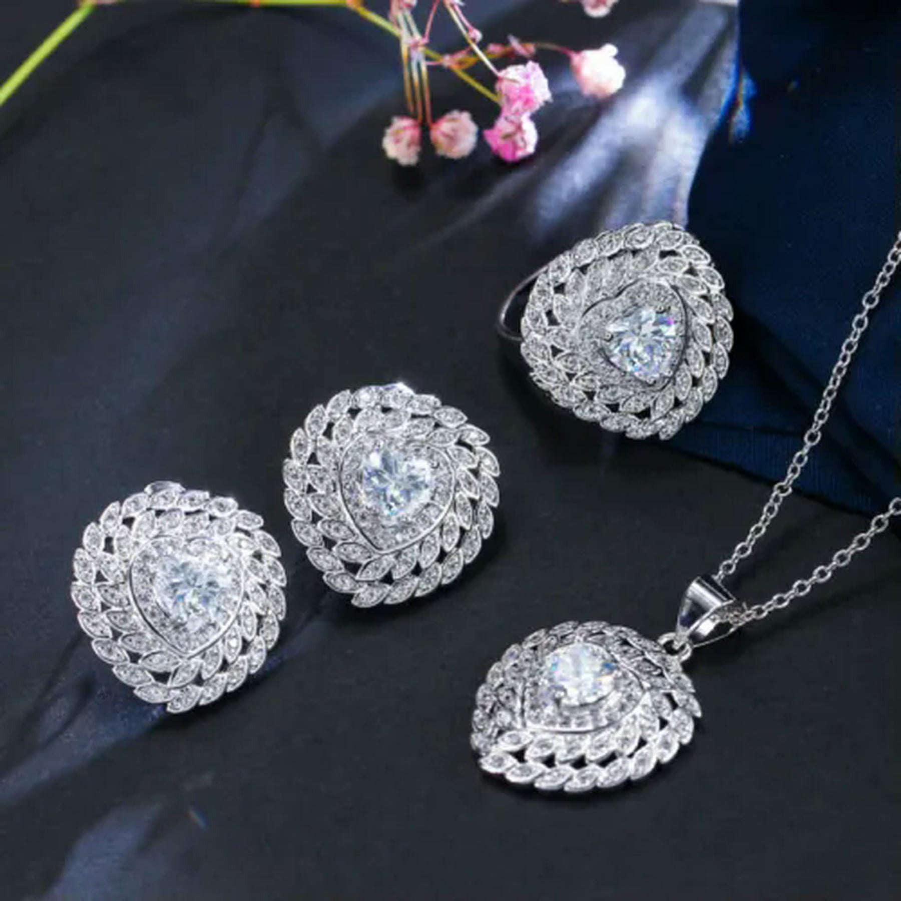 Mystical Yellow CZ Crystal Jewelry Sets Lover Heart Ring Necklace Earrings Ring