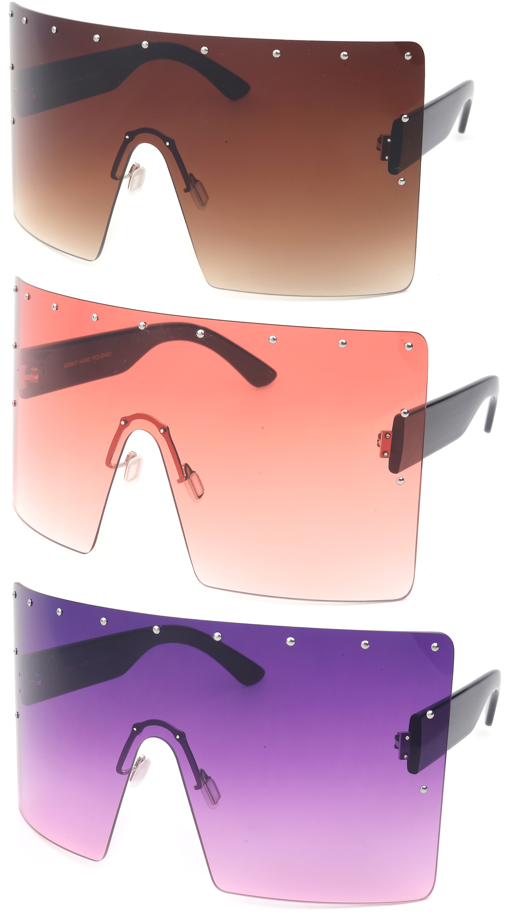 3 Pairs Newbee Fashion One Piece Lens Oversized Square Rimless Large Fashion Sunglasses for Women, 7*3.25 inches Rectangle Flat Top Face Shield, Pins Decorations, UV 400 Lens, Brown & Red & Purple - image 1 of 2