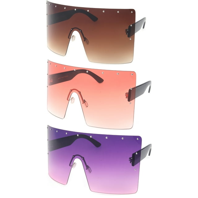 3 Pairs Newbee Fashion One Piece Lens Oversized Square Rimless Large Fashion Sunglasses for Women, 7*3.25 inches Rectangle Flat Top Face Shield, Pins Decorations, UV 400 Lens, Brown & Red & Purple