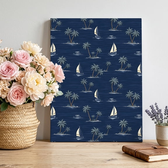 Nautical Sailboats Canvas Wall Art for Living Room, Summer Navy Blue Islands Coastal Ocean Palm Tree Poster Print Painting for Entryway Side Of Cabinet Decoration Wall Pictures Prepare To Hang 8"x12"