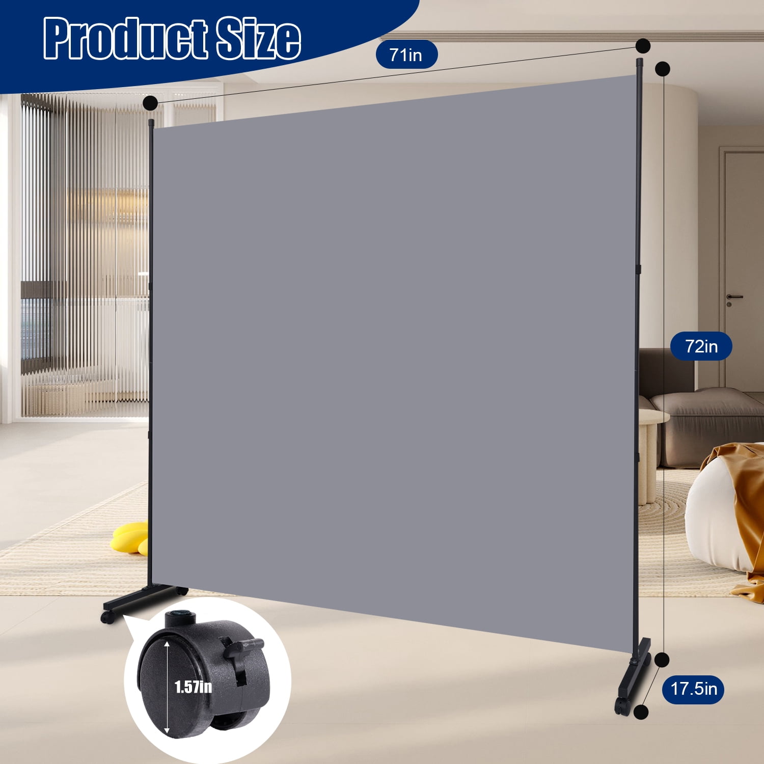 Room Divider Single Fabric Panel Privacy Screen W/Wheel, 71''X 72''Wide Portable Wall Divider for Room Separation, Upgrade Room Divider Screen 6 FT Partation Room Dividers for Home, Office, School