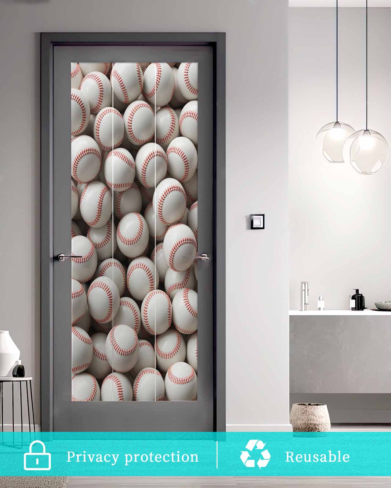 Baseball Window Privacy Film Stained Glass Window Film Decorative Windows Cover Static Windows Cling for Glass Door White Red Art Sport Stickers for Bathroom 23.6"x59"