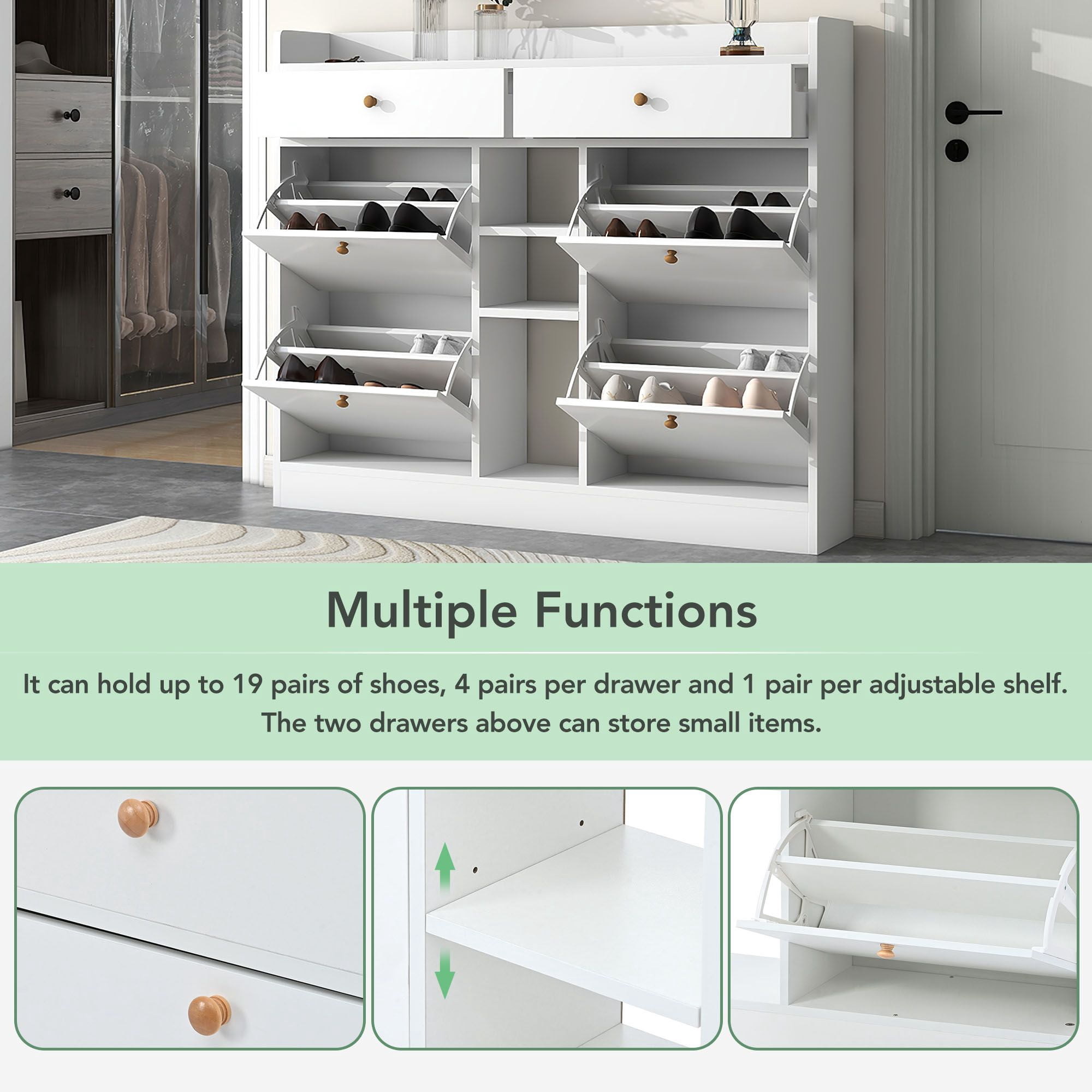 DEALTOPS Modern Freestanding Shoe Cabinet with 4 Flip Drawers and Open Shelves, Stylish Shoe Rack with 2 Storage Drawers for Entryway - White