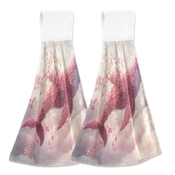 BZSMCE Hanging Hand Towels Fashion Whale Of Blossoms Pattern 2-Pack - Velcro Style Bathroom Kitchen Towels