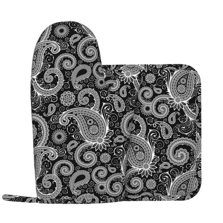 

Oven Mitts and Pot Holders Sets Black White Indian Paisley Non-Slip Silicone Oven Gloves Potholders Cotton Lining Heat Resistant Gloves Hot Pads for Kitchen Cooking Baking