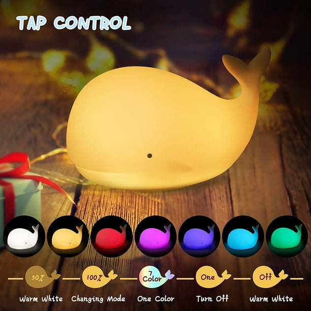 Luz nocturna infantil - Luz LED de silicona con forma de ballena - Luz nocturna táctil portátil para habitación de bebé, dormitorio, sala de estar, luz blanca cálida (1 paquete)