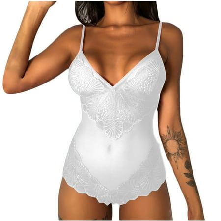 Shapewear Bodysuit For Women Lingerie Women Lace V Neck Lace Babydoll Short Jumpsuit Pajamas Lace stitching one-piece underwear white M