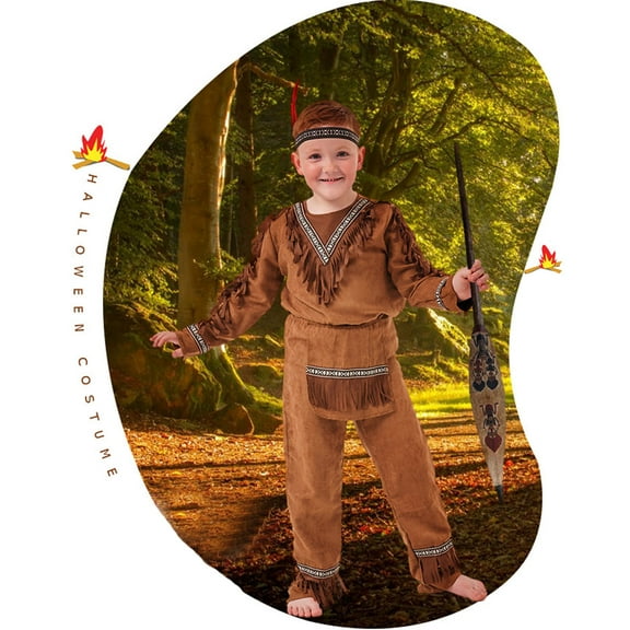 FAOWME Kids Boys Halloween Set Long Sleeve Tassels Patchwork Top And Elastic Waist Pants Vintage Outfit For Party Dress Up,Brown,10-12 Years