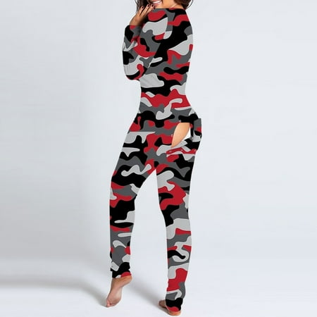 

PEONAVET Onesie Pajamas for Women Sexy V Neck Butt Button Flap Jumpsuit Valentine s Day Heart Printed Jumpsuits Long Sleeve Button Onesies Pajama Club Rompers Sleepwear