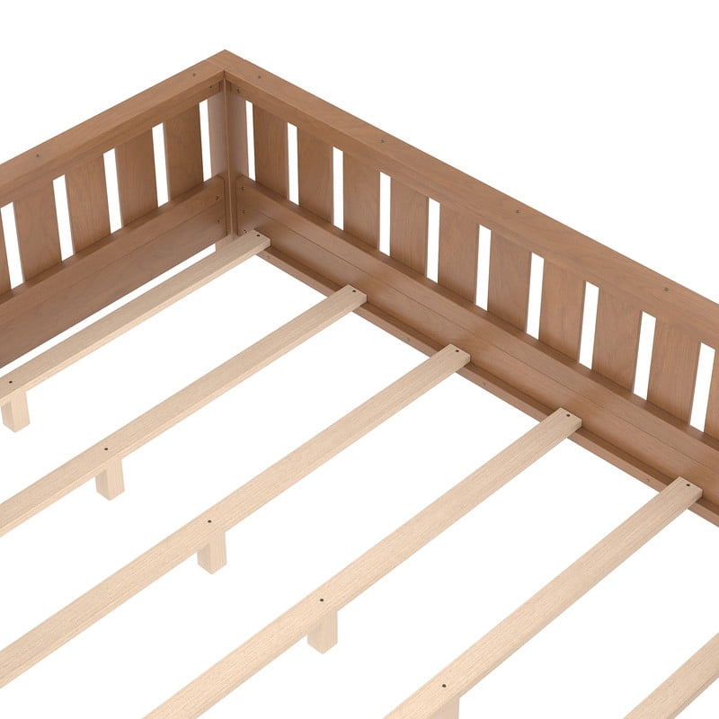 Bellemave Queen Size Floor Bed with Bookshelf, Wood Montessori Beds with Slats and Safety Guardrail, Low Profile Queen Bed Frame with Fence, No Box Spring Needed (Natural)