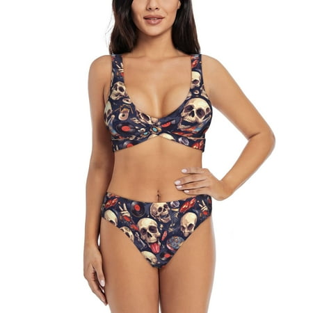 Zeuib Skull record rock High Waisted Tummy Control Bikini Set - Knot Front Push Up Top & Cheeky Thong Bottom  Two-Piece Swimsuit for Women-Large