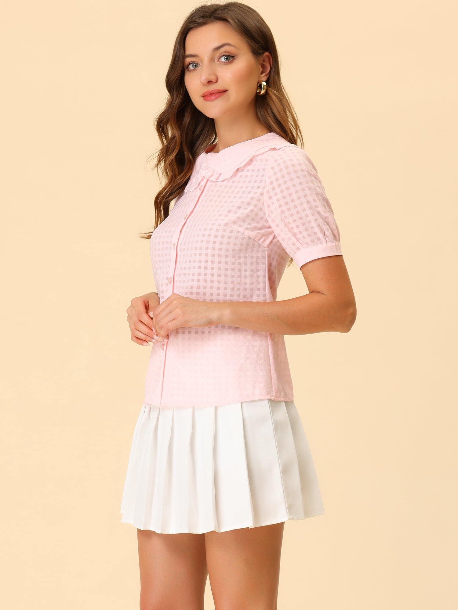 DARING DIVA Women's Peter Pan Collar Ruffled Trim Gingham Shirts Blouse M Pink