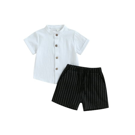 

Qtinghua Toddler Baby Boys Summer Outfits Buttons Short Sleeve Tops and Elastic Waist Stripe Shorts 2Pcs Clothes White 4-5 Years