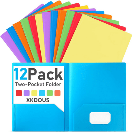 XKDOUS 12 Packs Plastic Folders with Pockets, Heavy Duty Two Pocket Folder, Plastic File Pocket Folders for Paper, School Office Document, Letter Size