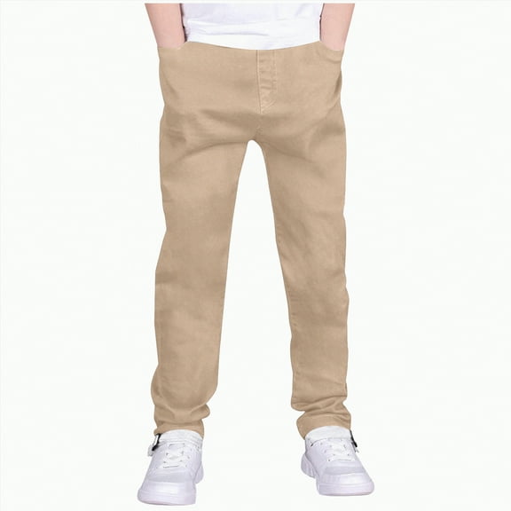 CAICJ98 Boys Uniform Pants Comfortable Cotton Linen Kids Sweatpants Soild Color Dress Trousers with Pocket Elastic Waist Casual School Pants for Boys (Khaki,7-8 Years)