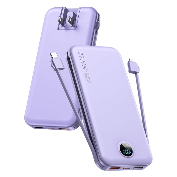 Cargador portátil Power Bank de 1200 mAh con cables integrados, color morado