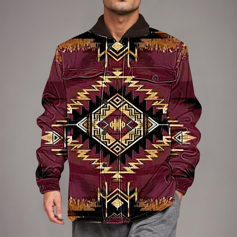 DDAPJ pyju Men's Aztec Jacket Vintage Ethnic Print Sherpa Fleece