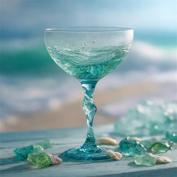Vidrio de mar Copa de vino soplada a mano inspirada en el océano • Vasos esmerilados • Tallo retorcido • Tinte azul verdoso suave • Forma única fluida • Decoración costera de mesa de 13oz