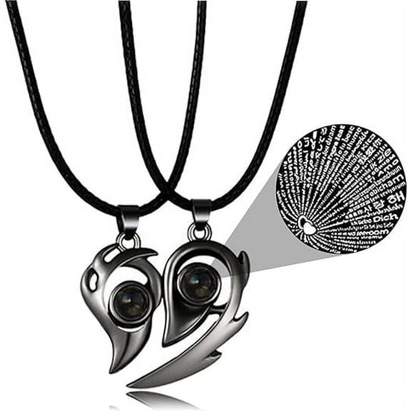 2Pcs Couples Necklace, Matching Necklace for Couples, Heart Necklace with 100 Language "I Love You" Projection, Magnetic Charm Necklace Means the Two Sides will Never Part, Matte Black