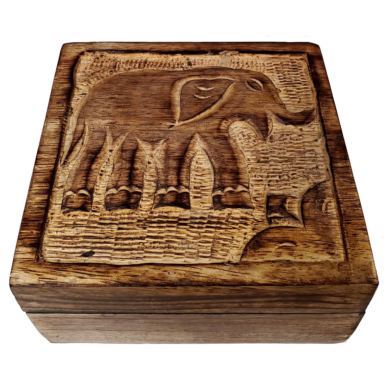 Vintage Wood Trinket Jewelry Card Box Chest Carving Elephant Handicraft Keepsake 