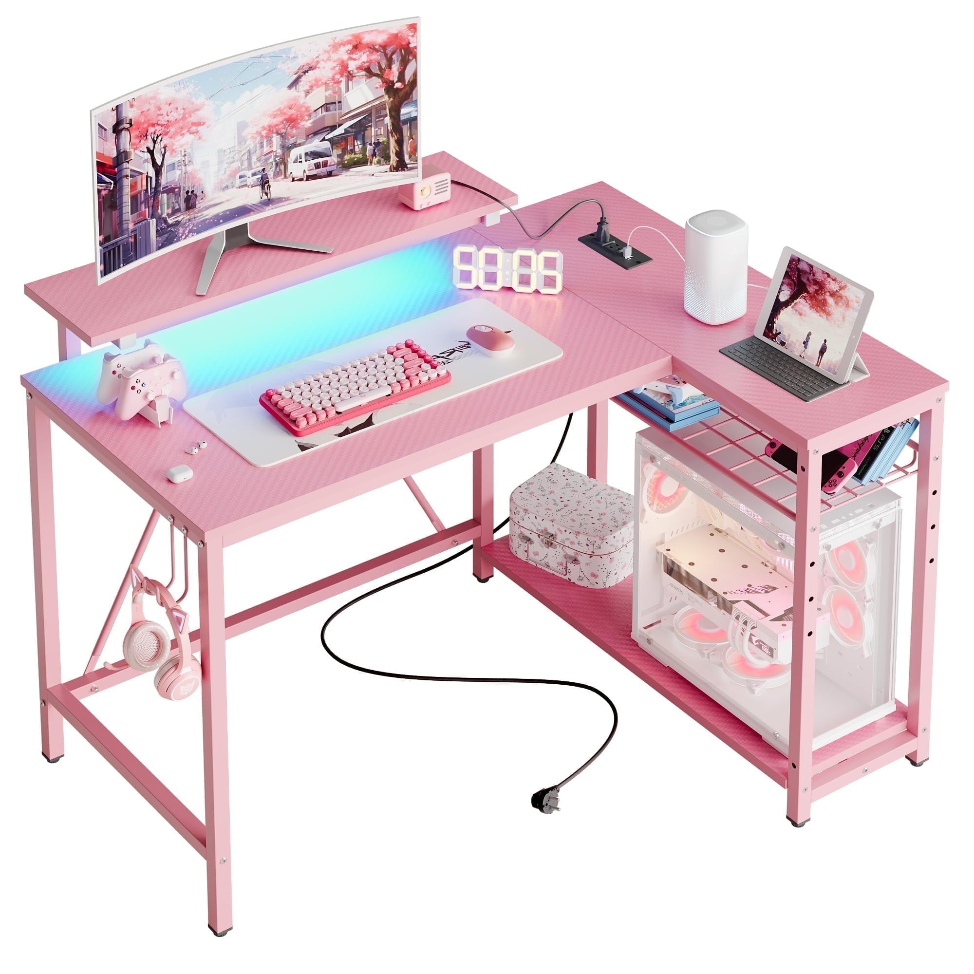 RSPGAME 42" L Shaped Computer Desk with Power Outlets, Corner Office Desk with LED Lights & Monitor Stand, Reversible Shelves, Corner Desk for Small Spaces ,Bedrooms & Home, Carbon Fiber Pink
